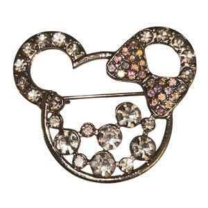 Disney Inspired Rhinestone Minnie Mouse Head Brooch Silver Tone Crystal Pin Bow